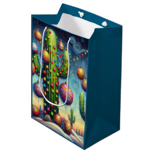 Christmas Desert Southwest Saguaro Cactus Seasonal Medium Gift Bag