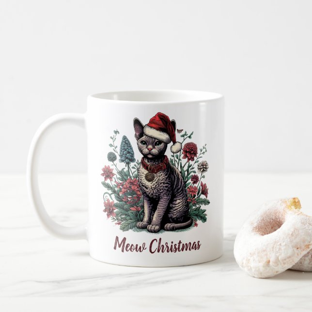 Christmas Devon Rex Cat: Santa Hat and Flowers Coffee Mug (With Donut)