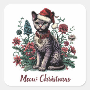 Christmas Devon Rex Cat: Santa Hat and Flowers Square Sticker
