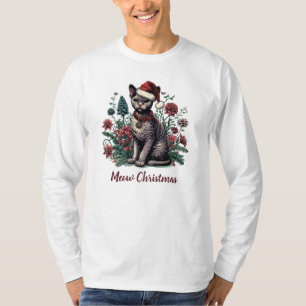 Christmas Devon Rex Cat: Santa Hat and Flowers T-Shirt