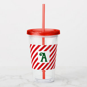 Christmas Diagonal Red and White Stripes Initial Acrylic Tumbler