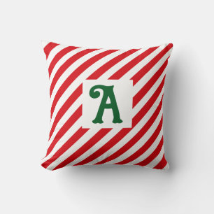 Christmas Diagonal Red and White Stripes Initial Cushion