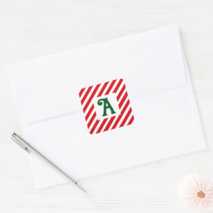 Christmas Diagonal Red and White Stripes Initial Square Sticker