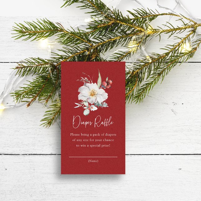 Christmas Diaper Raffle Enclosure Cards (Red Baby Shower Diaper Raffle Watercolor Floral Botanical Enclosure Card by Painted Paperie)