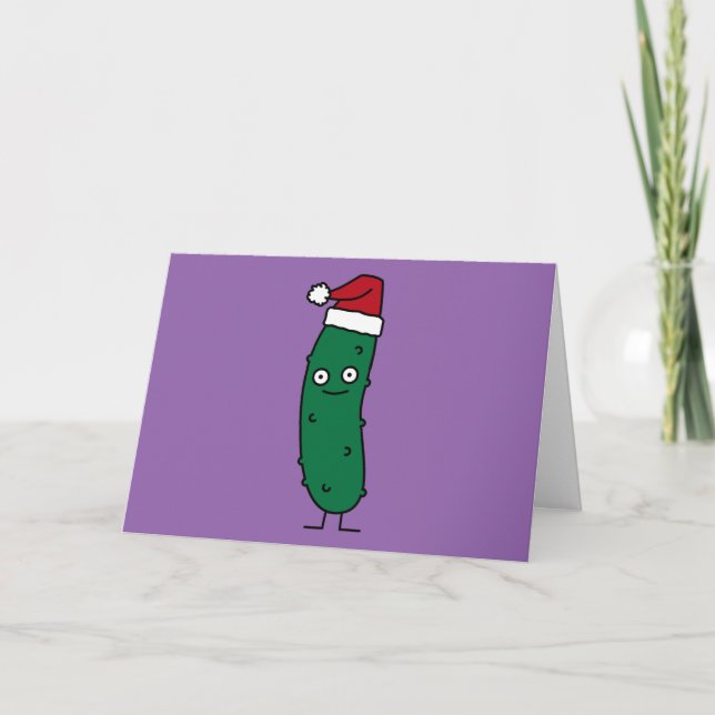 Christmas Dill Pickle wearing a Santa Hat Holiday Card (Front)