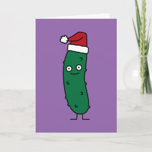 Christmas Dill Pickle wearing Santa Hat Holiday Card