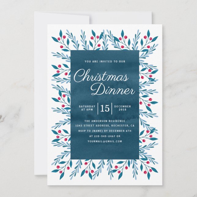 Christmas Dinner Blue Watercolor Floral Invitation (Front)