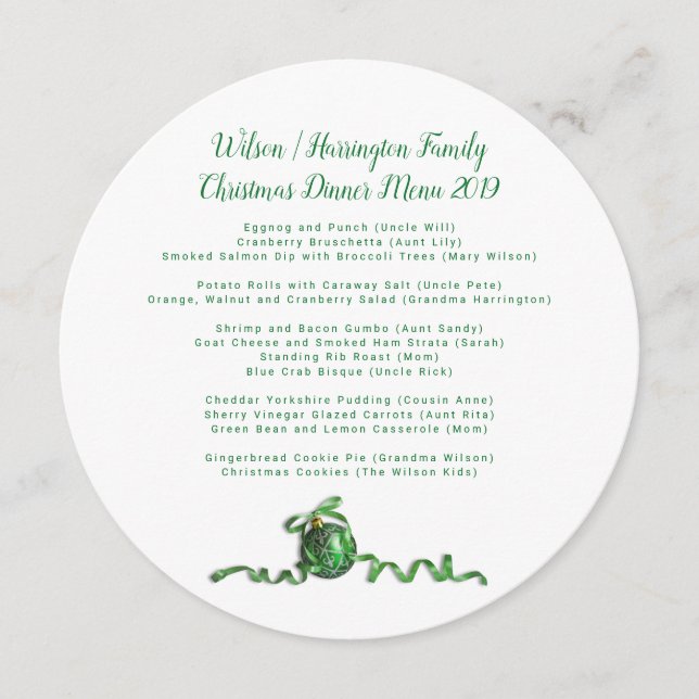 Christmas Dinner Family Menu Sage Snowflakes Round (Front)