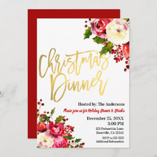 CHRISTMAS DINNER Gold Modern Script Floral Berries Invitation