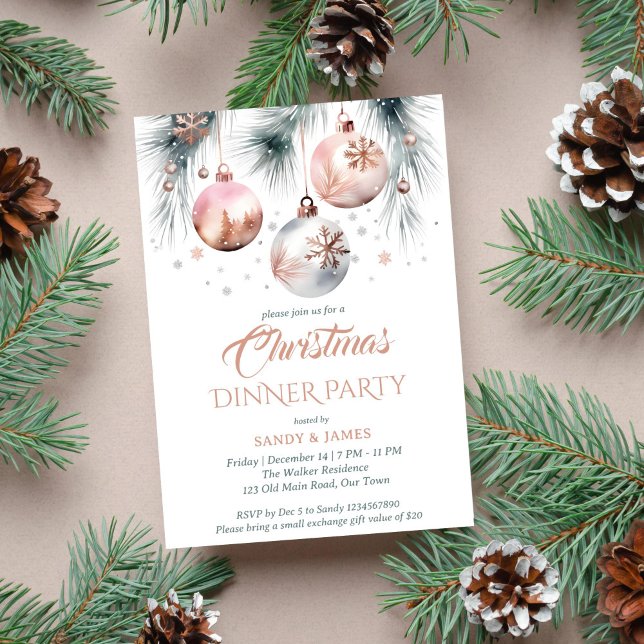 Christmas dinner party boho metallic watercolor invitation (Boho Christmas dinner party template invitation instant download rose gold metallic silver snowflake)