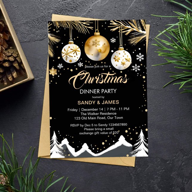 Christmas dinner party gold and black baubles invitation (Christmas dinner party chic elegant template invitation gold and black Christmas invitation)