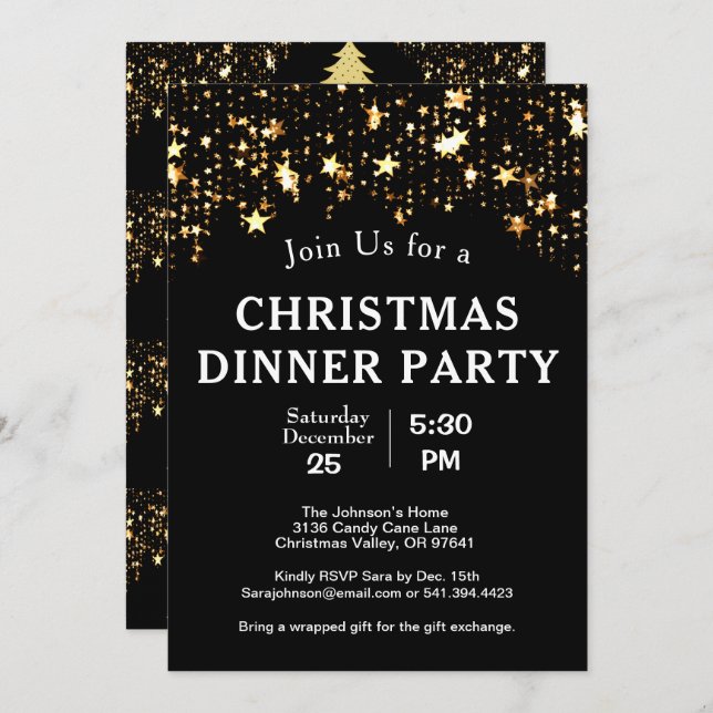 Christmas Dinner Party Gold Stars Trees Black Invitation (Front/Back)