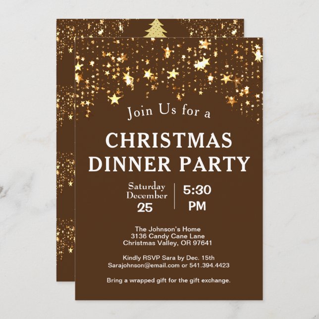 Christmas Dinner Party Gold Stars Trees Brown Invitation (Front/Back)