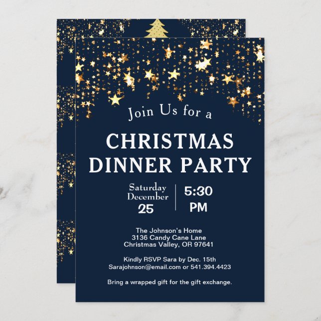 Christmas Dinner Party Gold Stars Trees Deep Blue Invitation (Front/Back)