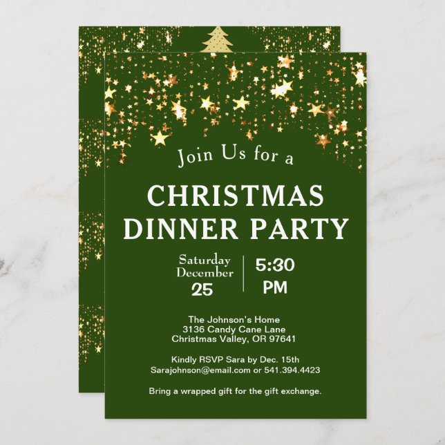 Christmas Dinner Party Gold Stars Trees Green Invitation (Front/Back)
