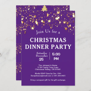 Christmas Dinner Party Gold Stars Trees Purple Invitation