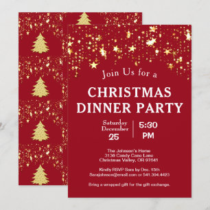 Christmas Dinner Party Gold Stars Trees Red Invitation