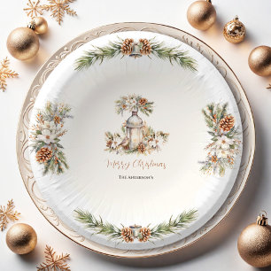 Christmas Dinner Party Pine White & Cream Elegant Paper Plate
