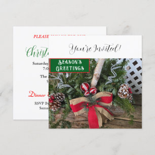 Christmas Dinner Party Red Bow Pine Cones Holiday Card