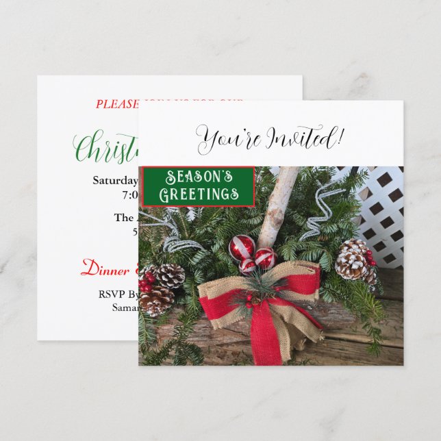Christmas Dinner Party Red Bow Pine Cones Holiday Card (Front/Back)