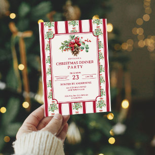 Christmas dinner party red retro stripes pine bow invitation