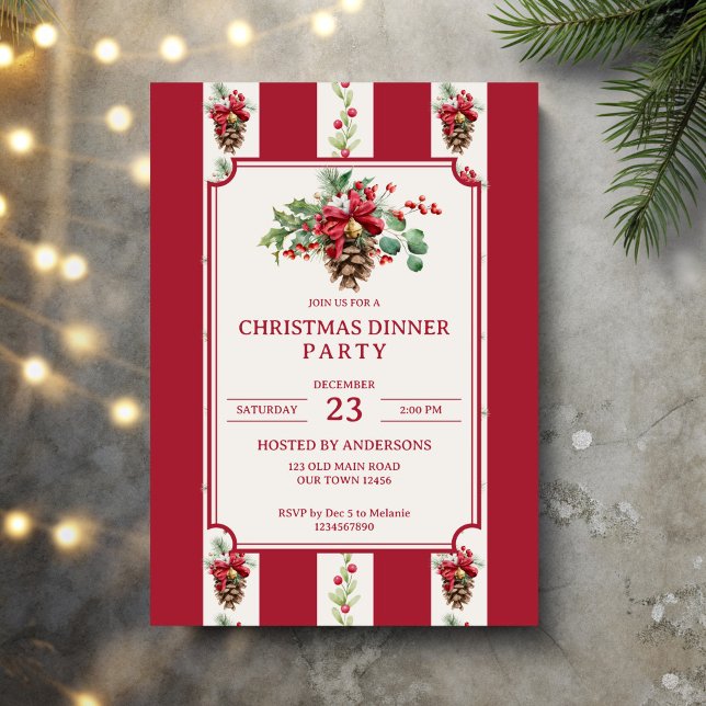 Christmas dinner party red retro stripes pine bow invitation (Christmas dinner party red retro stripes pine cone bow winter greenery elegant party invitation card)