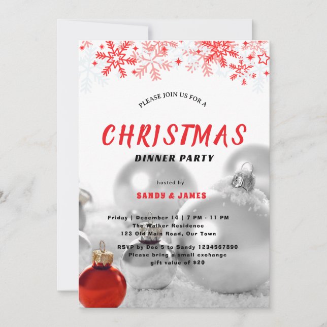 Christmas dinner party silver red baubles  invitation (Front)