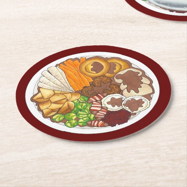 Christmas Dinner Party UK Festive British Food Round Paper Coaster (Angled)