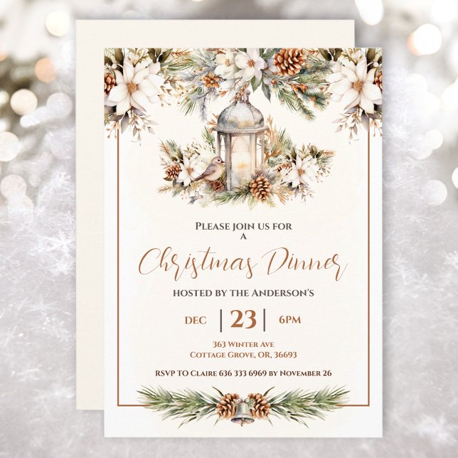 Christmas Dinner Party White and Cream Elegant Invitation (Christmas Dinner Pine White and Cream Elegant Invitation)