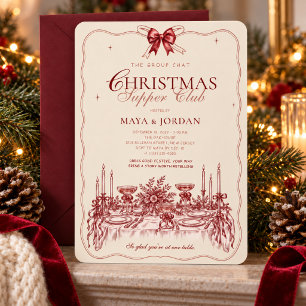Christmas Dinner Party with Vintage Burgundy Bow Invitation