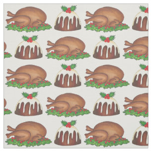 Christmas Dinner Turkey Plum Pudding Xmas Foods Fabric