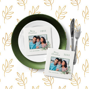 Christmas dinner white cone pine photo name napkin
