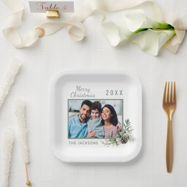 Christmas dinner white cone pine photo name paper plate (Wedding)