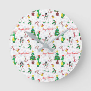Christmas dinosaur and snowman round clock