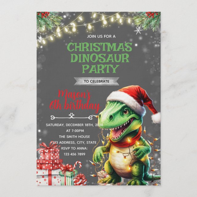 Christmas Dinosaur Birthday Invite (Front)