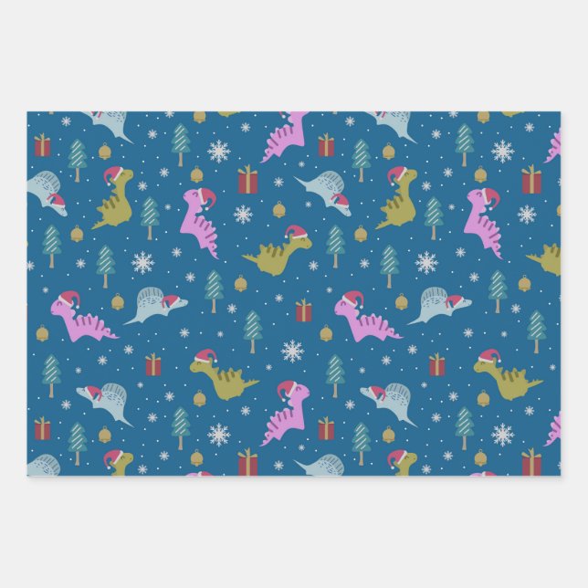 Christmas Dinosaur Blue Wrapping Paper Sheet (Front)
