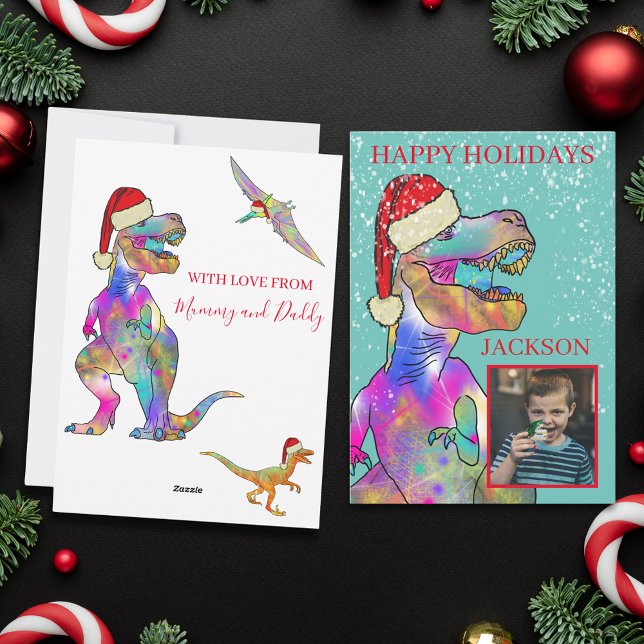 Christmas Dinosaur Custom Photo Holiday Card (Dinosaur christmas custom photo holiday card with T-Rex santa)