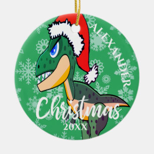 Christmas Dinosaur Cute Believe Green Kids Ceramic Ornament