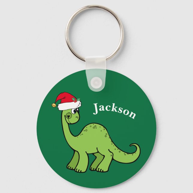 Christmas Dinosaur Cute Custom Kids Green Key Ring (Front)