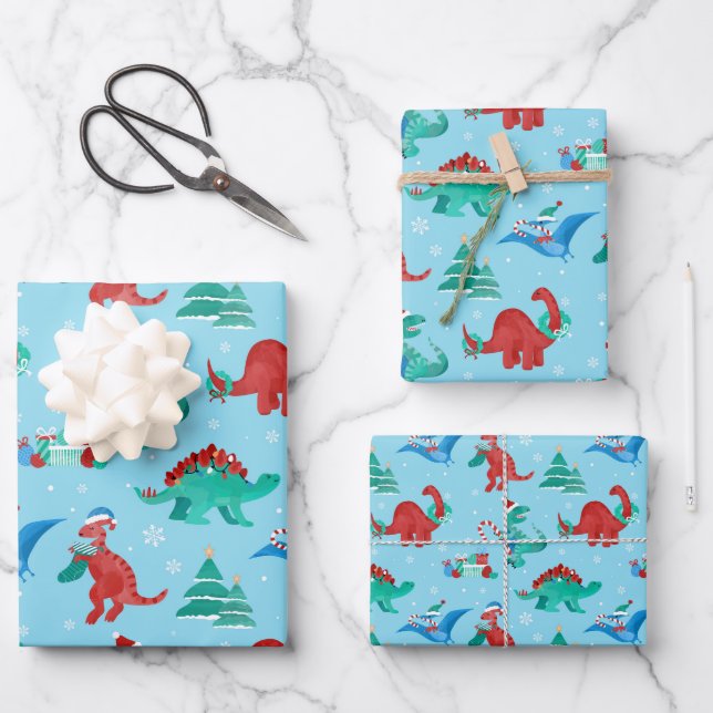 Christmas Dinosaur Kids Fun Winter Holiday Wrapping Paper Sheet (Front)