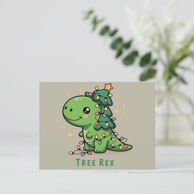 Christmas Dinosaur Light Party Funny Tree Rex  Holiday Postcard (Standing Front)