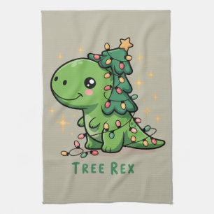 Christmas Dinosaur Light Party Funny Tree Rex Tea Towel