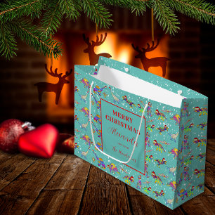 Christmas Dinosaur Pattern Add Name Large Gift Bag
