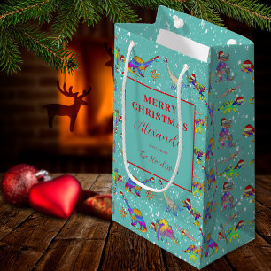 Christmas Dinosaur Pattern Personalised Small Gift Bag