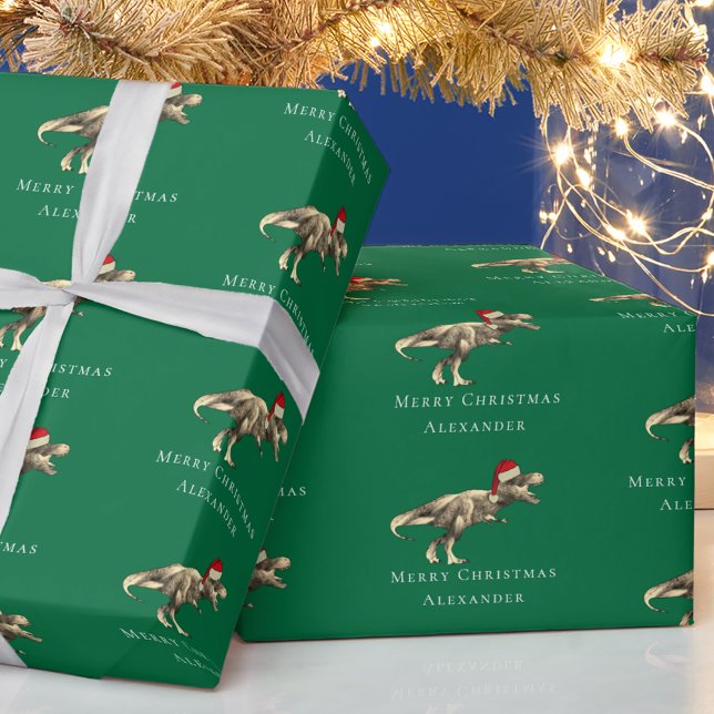 Christmas Dinosaur Personalised Boy Name Green Wrapping Paper (Funny christmas T-Rex dinosaur personalized boy name green holiday gift wrapping paper)