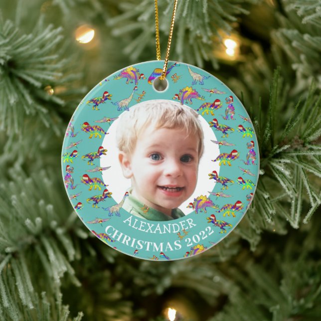 Christmas Dinosaur Personalised photo 2022 Ceramic Ornament (Tree)