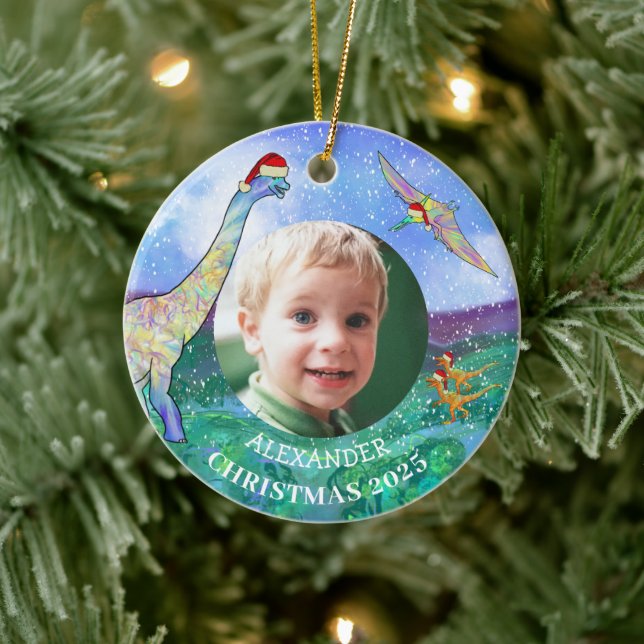 Christmas Dinosaur Personalised photo Ceramic Ornament (Tree)