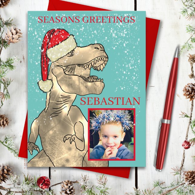Christmas Dinosaur Personalised Photo Holiday Postcard (Christmas dinosaur personalized photo seasons greetings postcard)