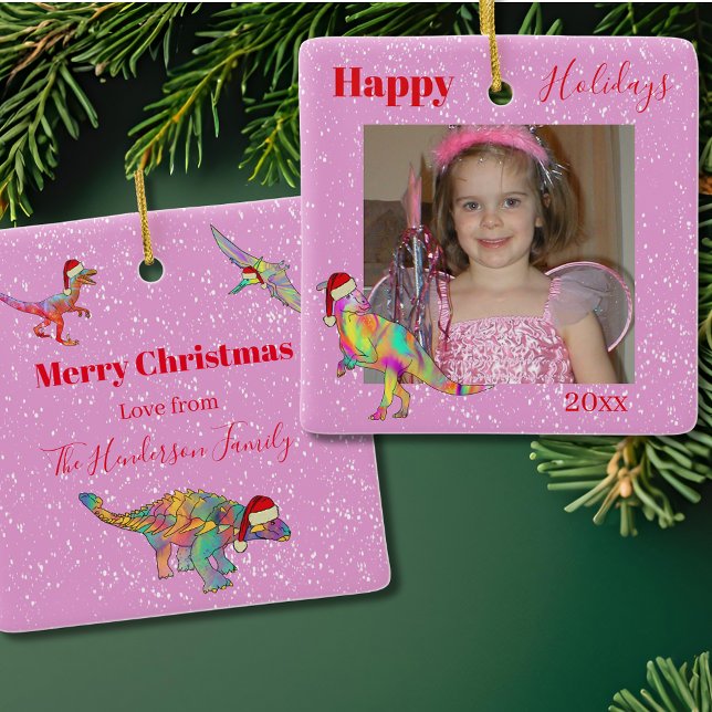 Christmas Dinosaur Personalized Photo Pink Ceramic Ornament (Personalized girl name christmas dinosaur pink tree ornament )