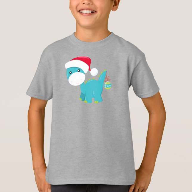 Christmas Dinosaur, Santa Hat, Dino, Brontosaurus T-Shirt (Front)